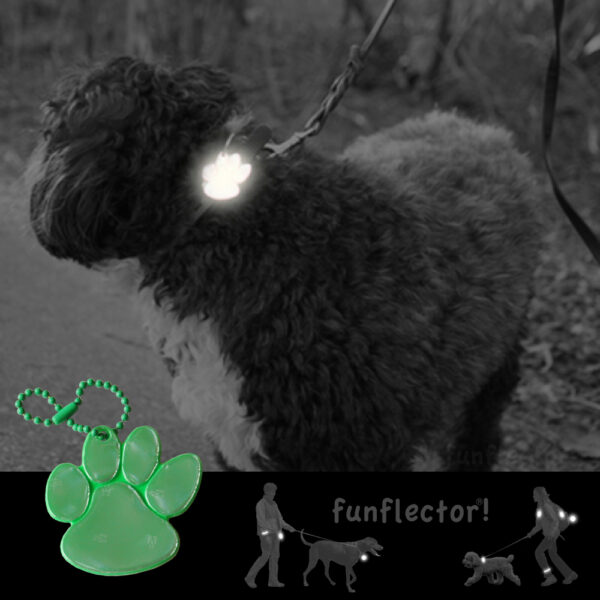 Dog with paw print safety reflector for walking in the dark - by funflector
