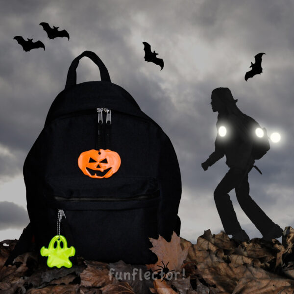 Jack O'Lantern and ghost Halloween safety reflectors by funflector