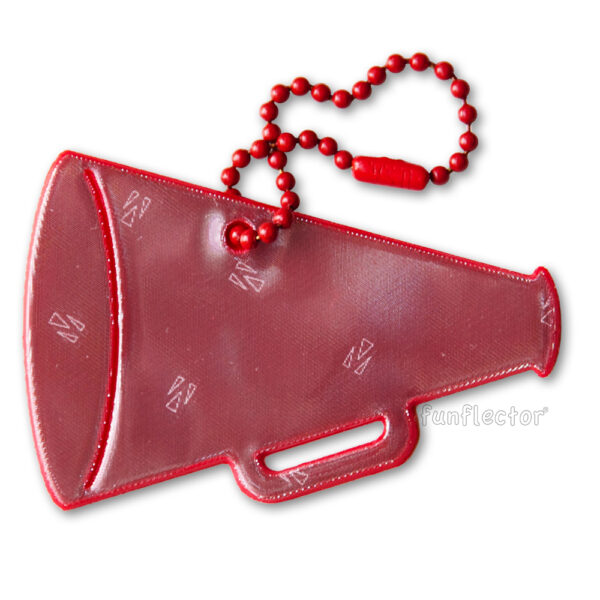 Red cheerleading megaphone safety reflector for jackets and bags
