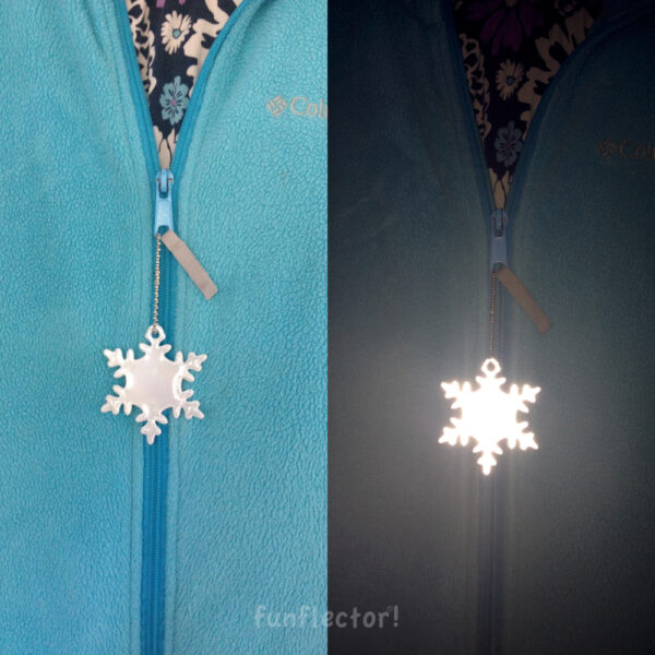 Snowflake reflector on jacket zipper pull - day and night comparison