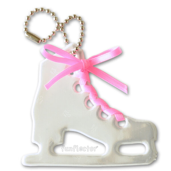 Figure skate safety reflector for jackets, bags and backpacks. White with pink satin lace.