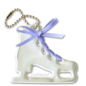 Figure skate safety reflector for jackets, bags and backpacks. White with lavender satin lace.
