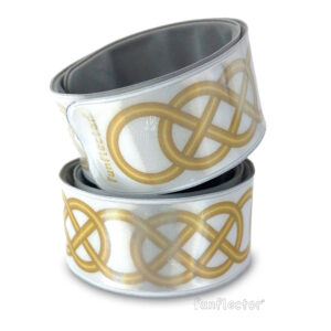 Celtic border reflective slap bracelet in gold and white by funflector
