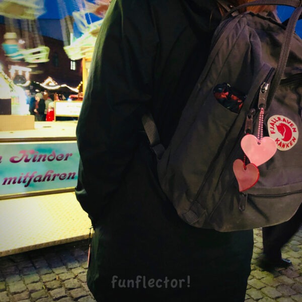 Pink and red heart safety reflector for night walking on backpack - by funflector