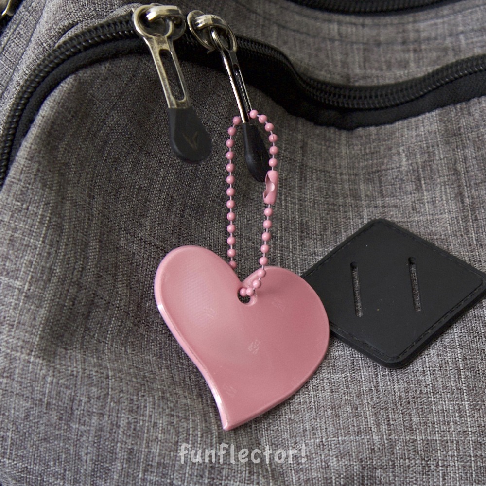 Pink heart safety reflector for night walking on backpack - by funflector