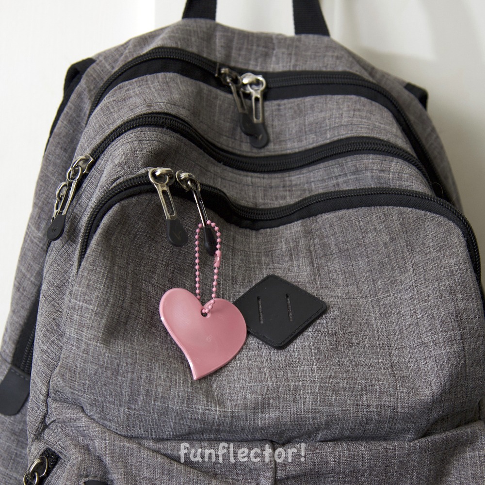 Pink heart safety reflector for night walking on backpack - by funflector
