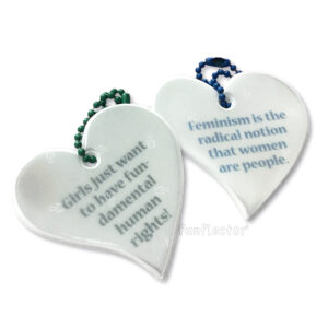 Feminist safety reflector in blue and green on white hearts by funflector