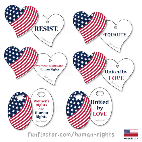 US flag safety reflectors - human rights messages on back - 6-pack