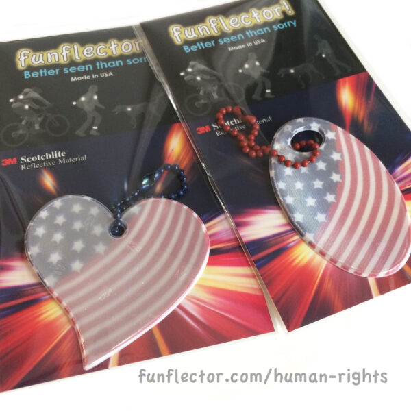 US flag safety reflectors, individually packaged oval and heart, by funflector