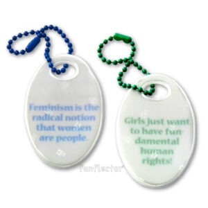Feminist safety reflector in blue and green on white ovals by funflector