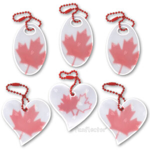 Human Rights collection safety reflectors - Canadian maple leaf on front, human rights and science on back