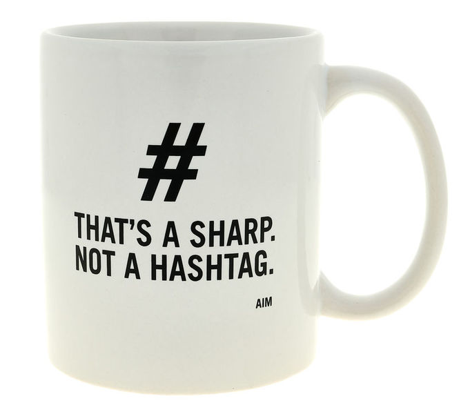 One of the highlighted gifts for musicians: Thomann’s “That’s a Sharp, not a Hashtag” mug