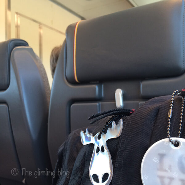 Riding the UP Express from the airport to downtown Toronto, of course with a moose safety reflector on our backpack!