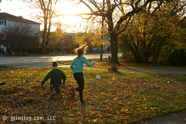 Kids playing in fall leaves by the funflector blog