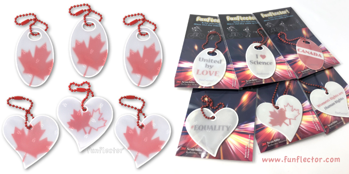 funflector safety reflectors with Canadian maple leaf and human rights print