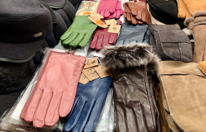 Leather gloves and mittens and felt hats at the Alexanderplatz Christmas market.
