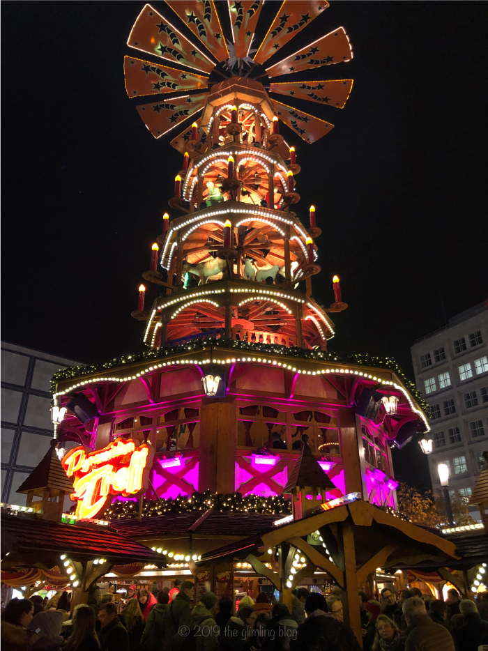 The largest German Christmas pyramid at the Alexanderplatz Christmas Market in Berlin.
