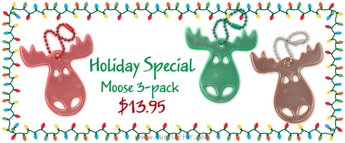 Holiday Special - red, green and brown moose safety reflectors by funflector - 3-pack for $13.95