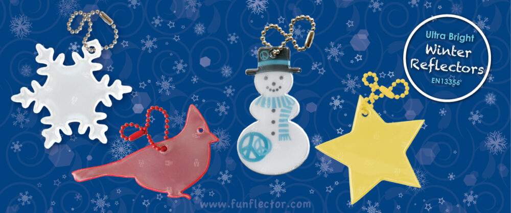funflector winter themed safety reflectors - snowflake, cardinal. snowman and star