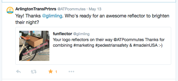 funflector testimonial on twitter by Arlington Transportation Partners, May 2015