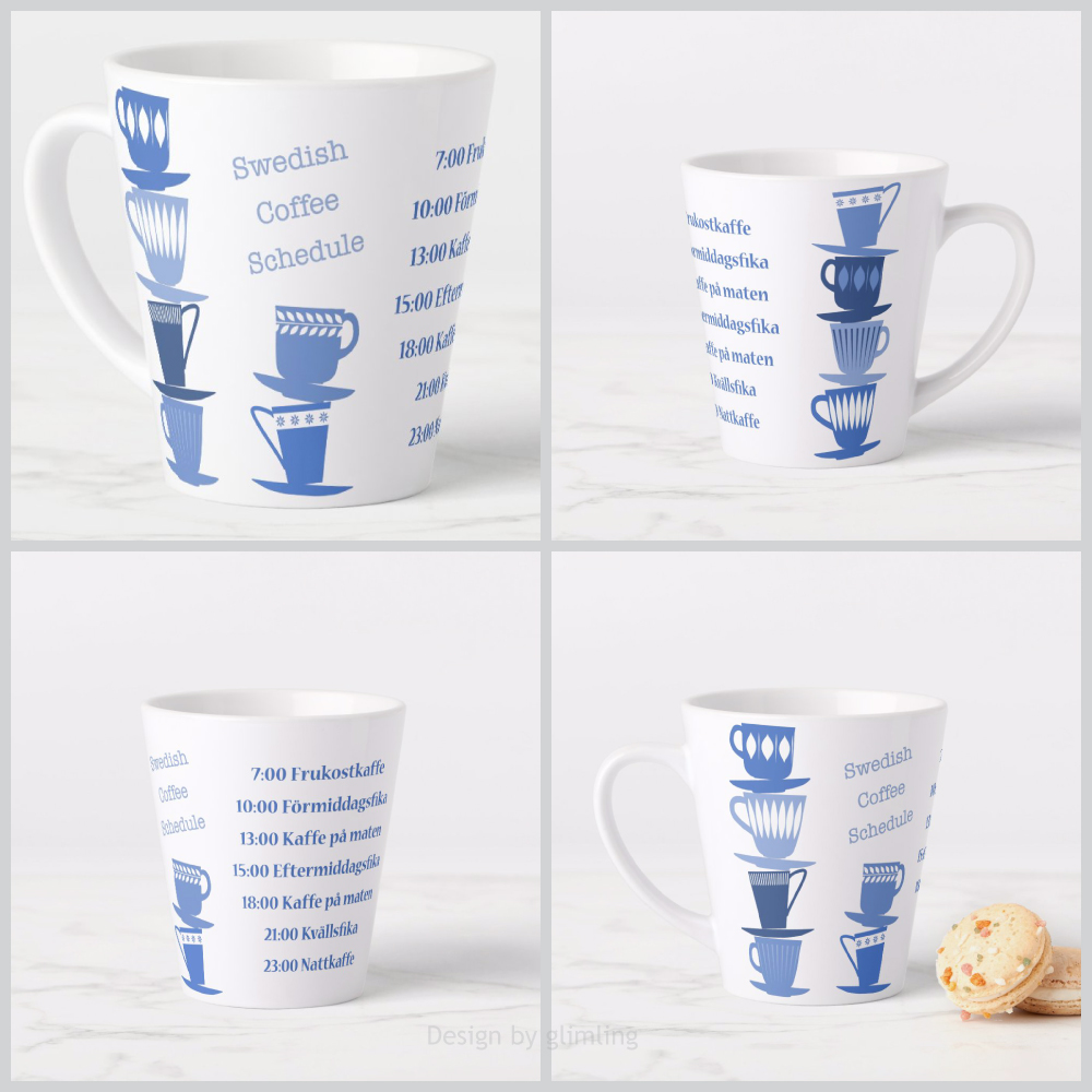 Design by glimling on zazzle: Latte mug with Swedish coffee schedule and blue cups inspired by the 1950's and 60's
