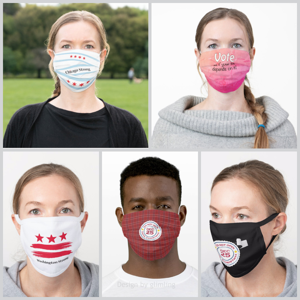 Don't open until Christmas and other prints on reusable cloth masks in two models.