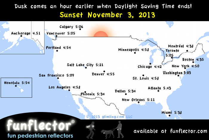 Sunset in major cities after daylight saving times starts on November 3, 2013