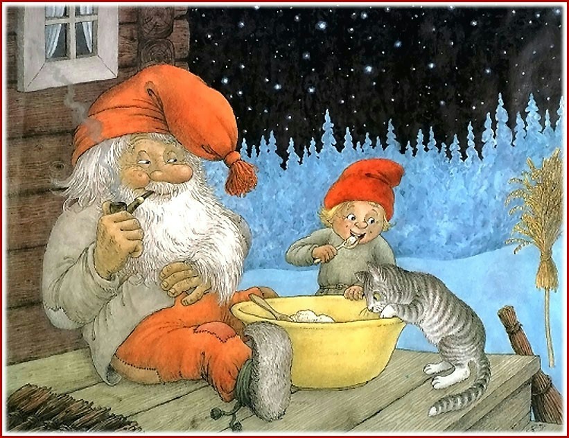 Tomte with cat by Swedish artist Rolf Lidberg