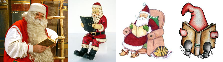 Study in Santa versus Swedish tome reading a book