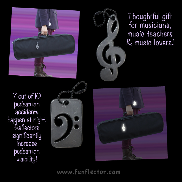 Music clef safety reflectors improves visibility when walking at night. 