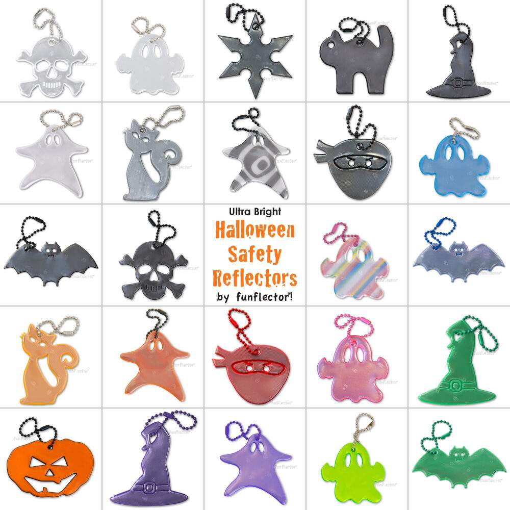 Gallery of Halloween safety reflectors by funflector - ghosts, skulls, ninjas, cats, bats and more