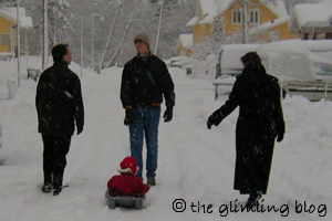 Winter walk with sled and kid