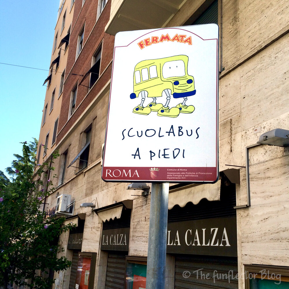 A walking school bus stop sign in Rome, Italy.