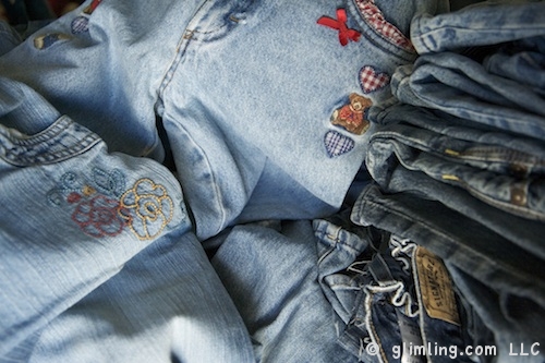 Some of these jeans were too cute to throw away when the knees wore out. Reduce, Reuse, Recycle into useful items...